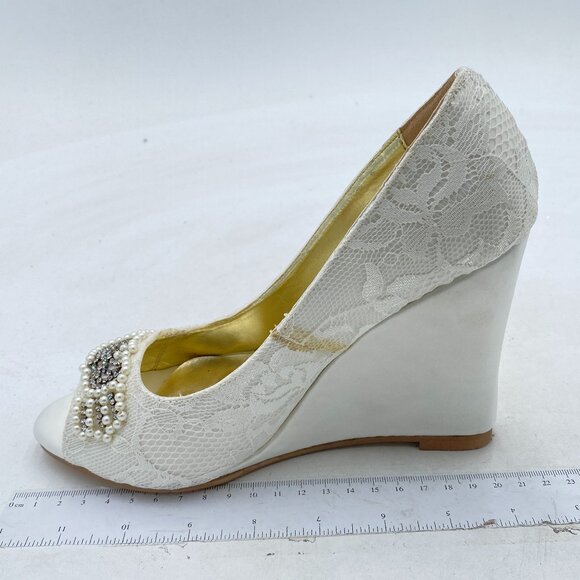 FSJ White Lace Pearl Wedding Wedge Pumps Elegant Peep Toe Bridal Evening Shoes - Picture 1 of 7